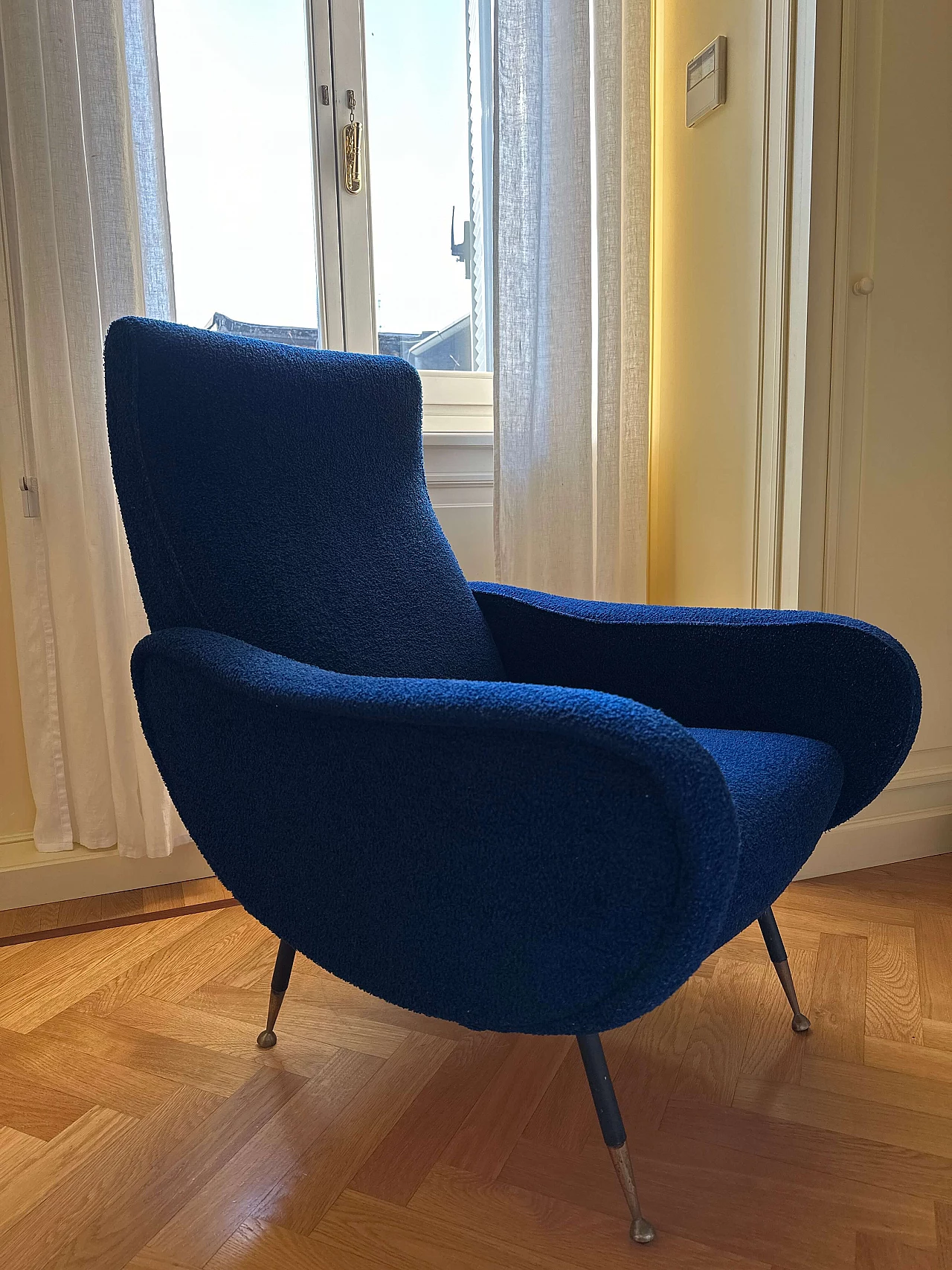 Blue bouclé wool armchair in Lady style by Zanuso, 1950s 1