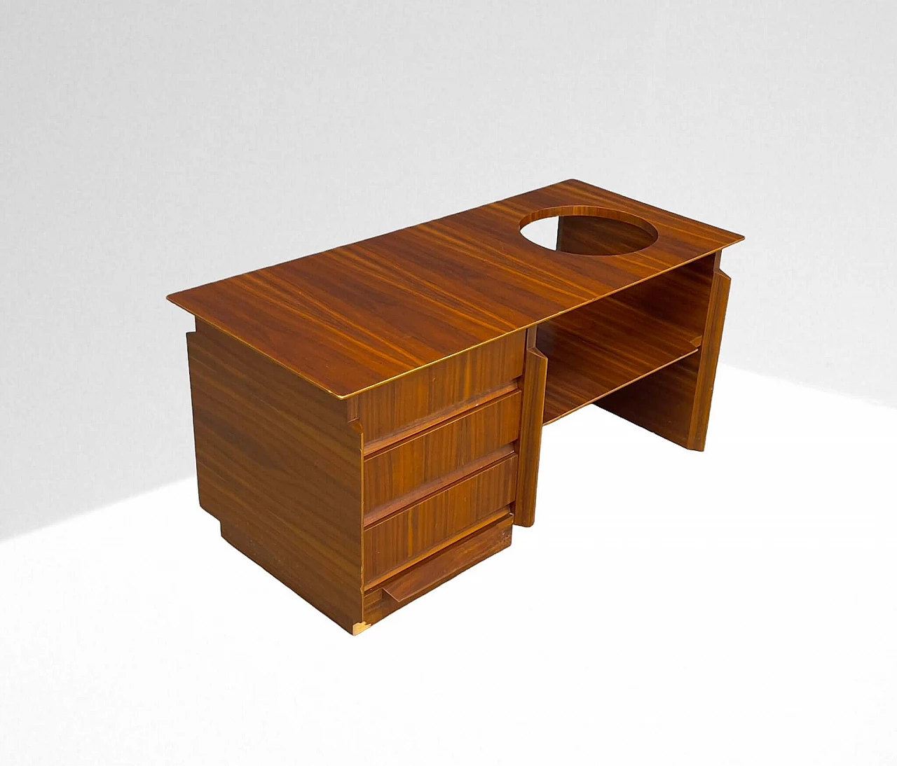 Wooden coffee table with three drawers and top with circular opening, 1960s 1