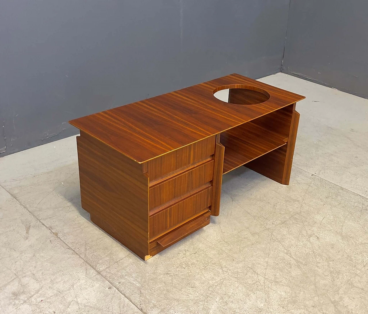 Wooden coffee table with three drawers and top with circular opening, 1960s 2