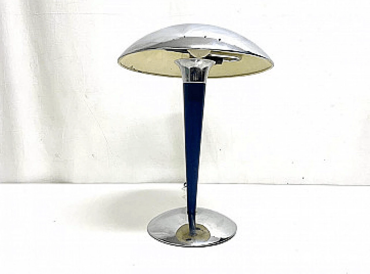 Two-light stainless steel table lamp with blue stem, 1960s 1