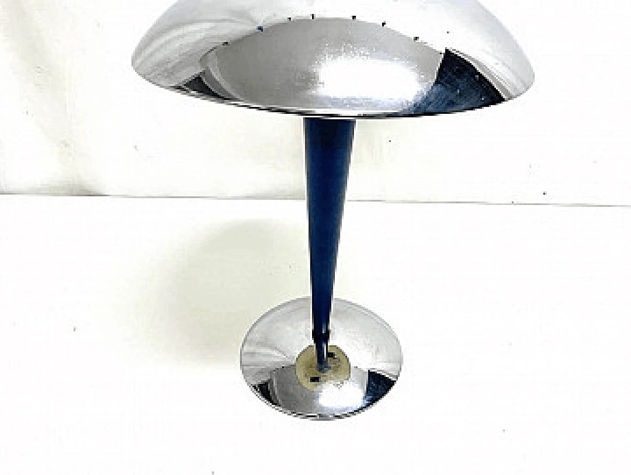 Two-light stainless steel table lamp with blue stem, 1960s 4