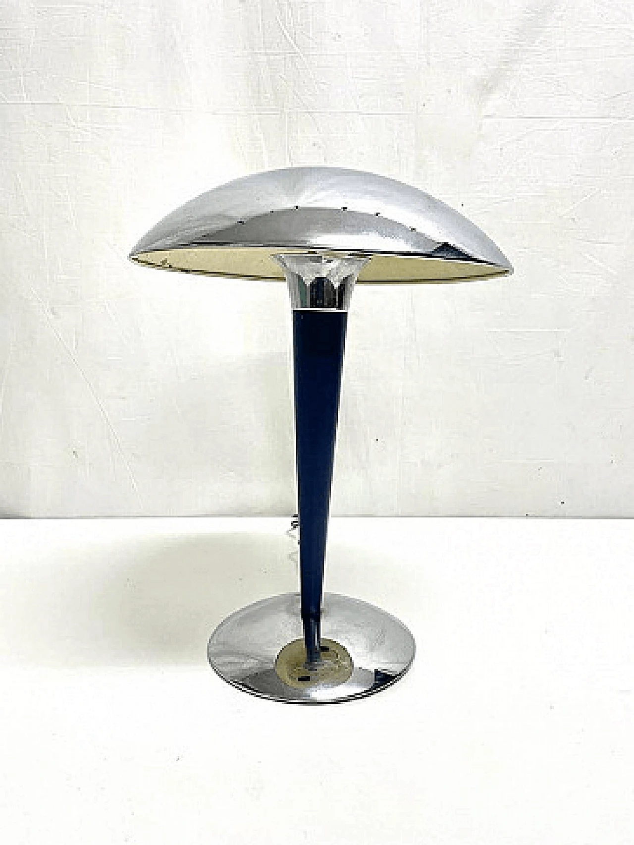 Two-light stainless steel table lamp with blue stem, 1960s 5