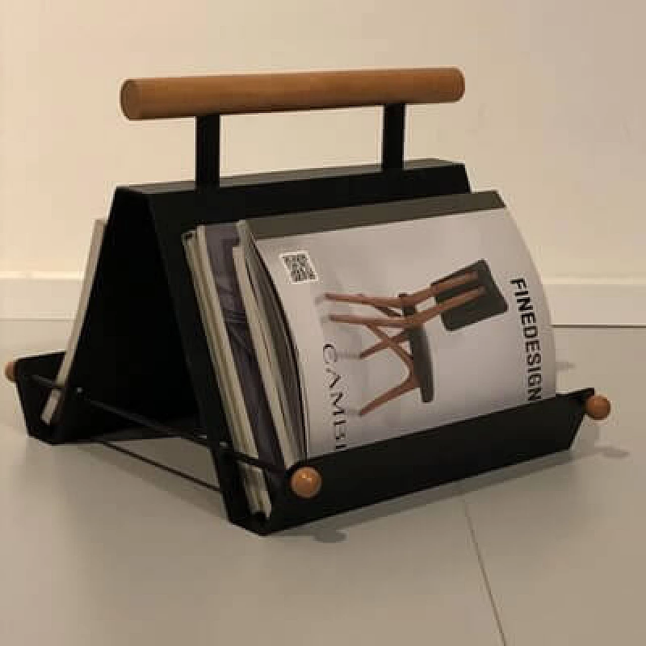 Iron and wood magazine rack, 1980s 12