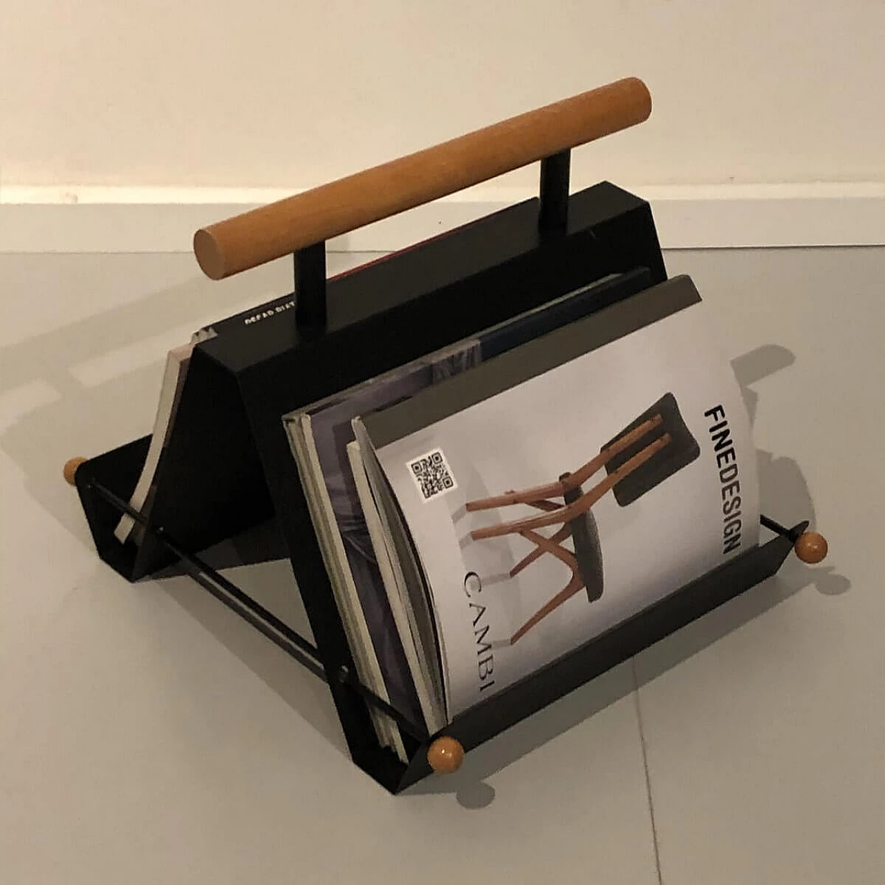 Iron and wood magazine rack, 1980s 13