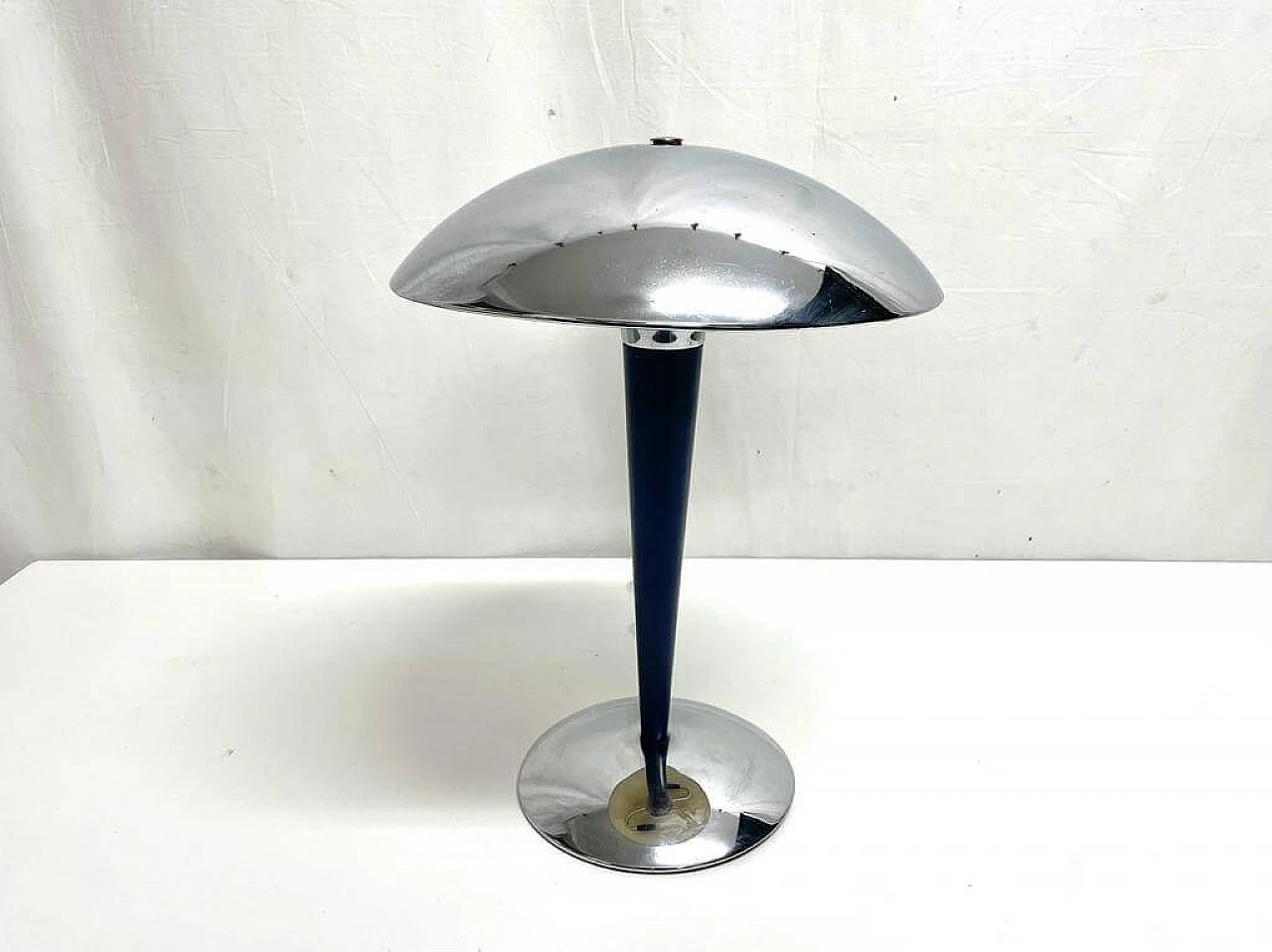 Lampada da tavolo a due luci in acciaio inox con stelo colore blu, anni ’60 1