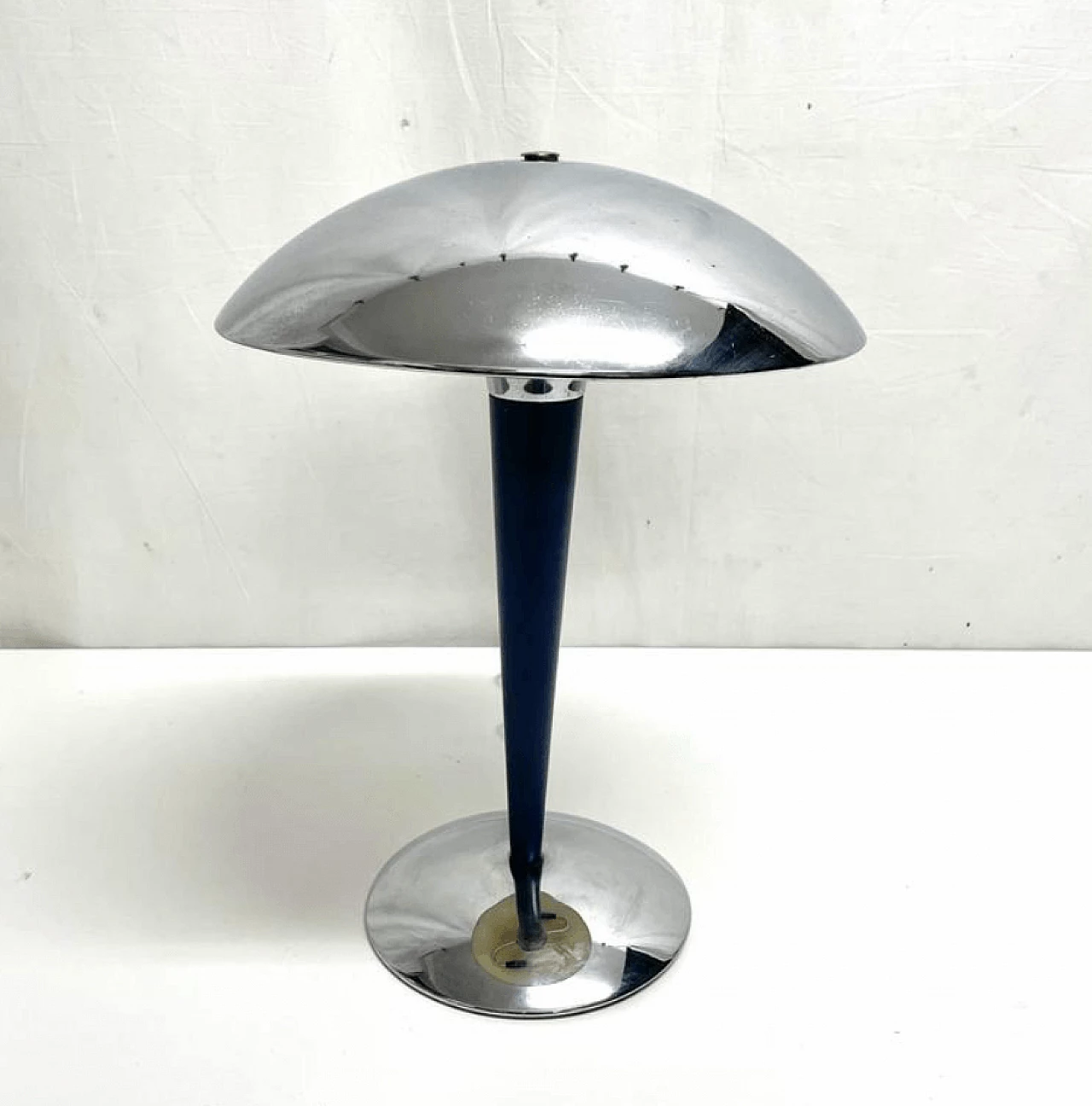 Lampada da tavolo a due luci in acciaio inox con stelo colore blu, anni ’60 2