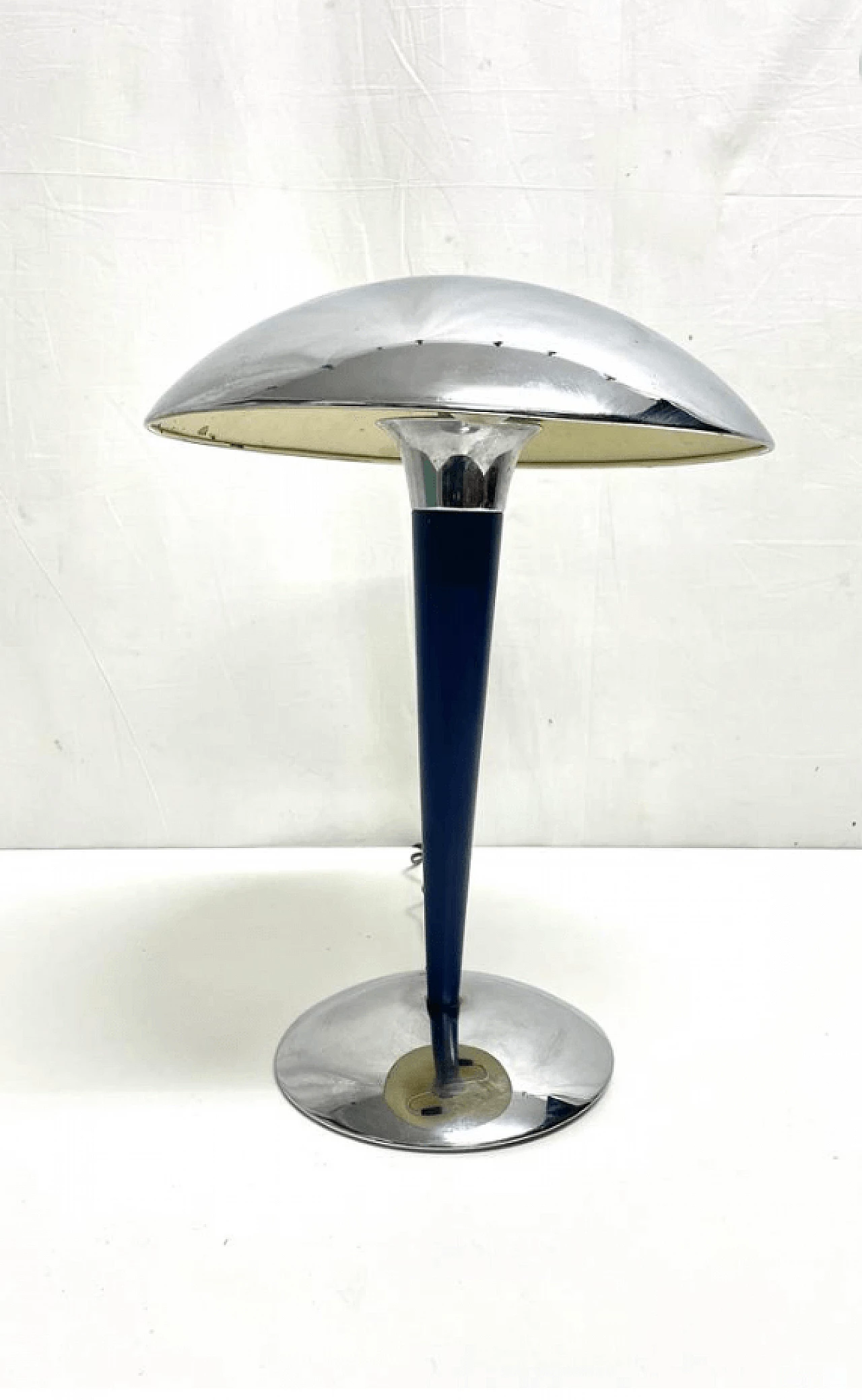 Lampada da tavolo a due luci in acciaio inox con stelo colore blu, anni ’60 3