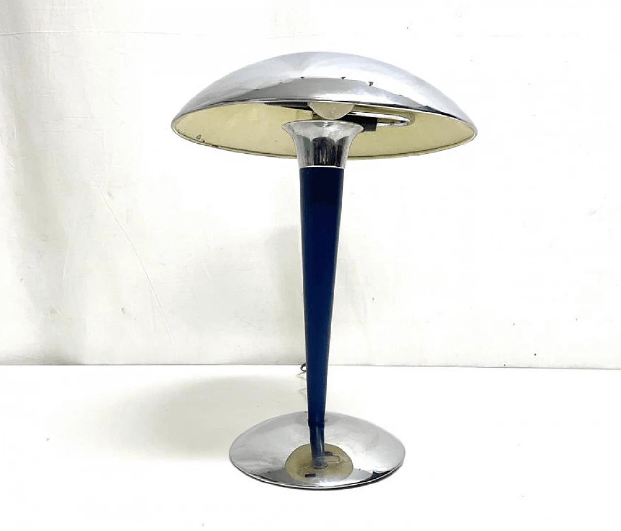 Lampada da tavolo a due luci in acciaio inox con stelo colore blu, anni ’60 4