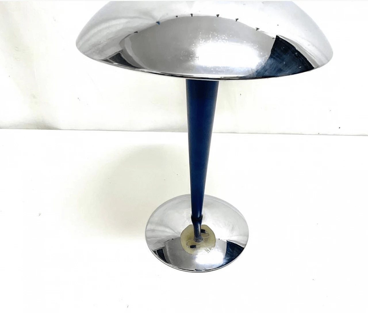 Lampada da tavolo a due luci in acciaio inox con stelo colore blu, anni ’60 5