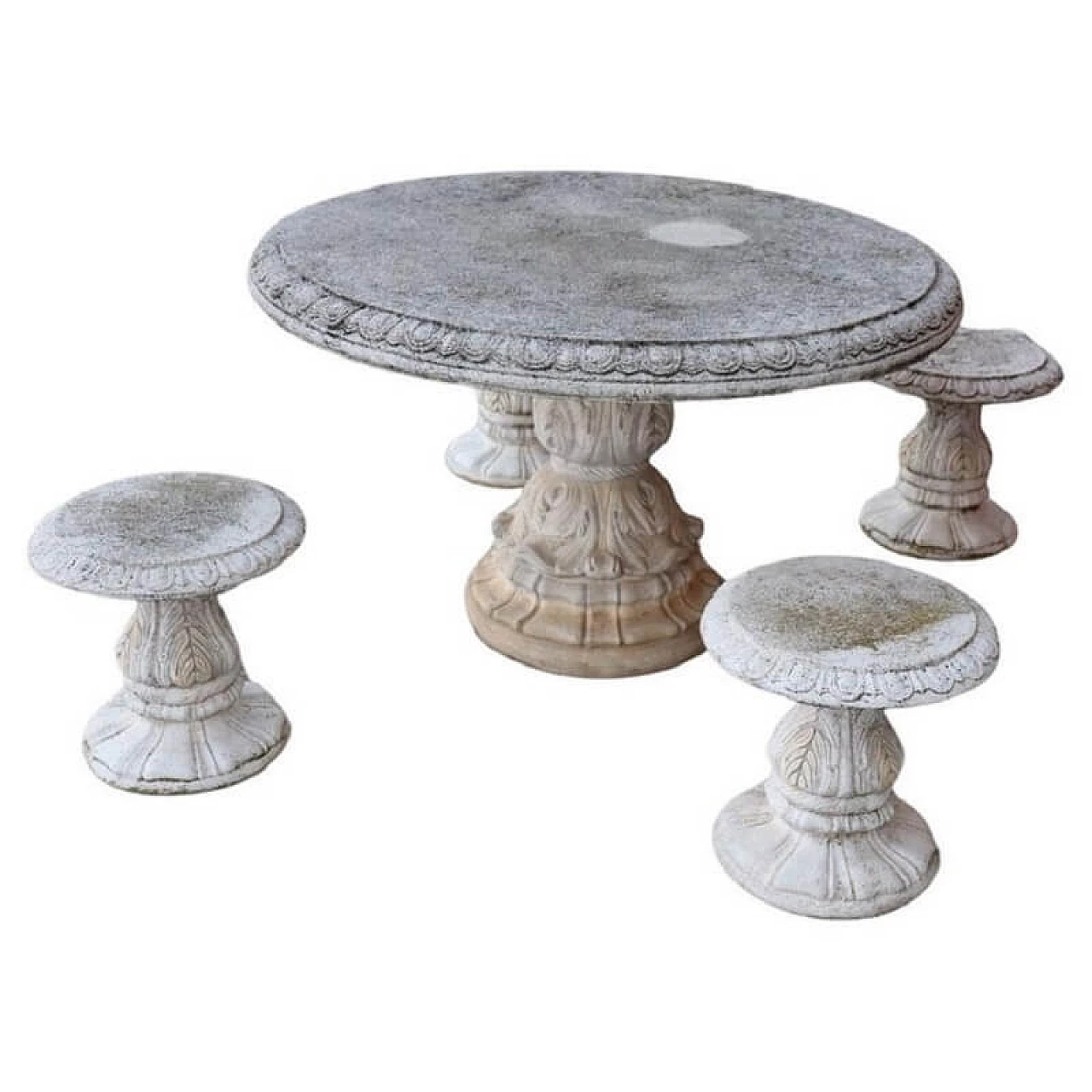 4 Stools and round table in grit and concrete in Neoclassical style, 1980s 1