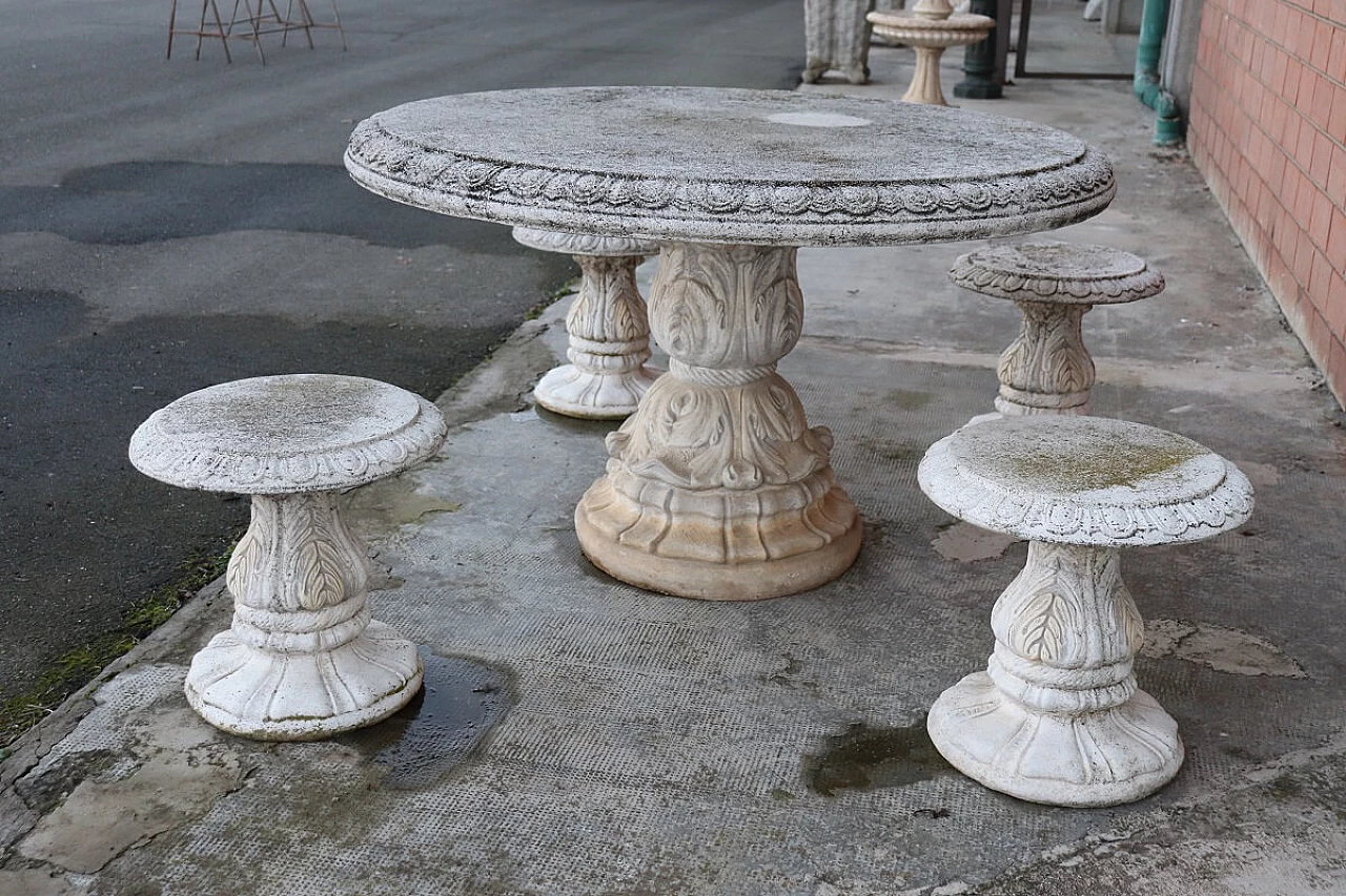 4 Stools and round table in grit and concrete in Neoclassical style, 1980s 8