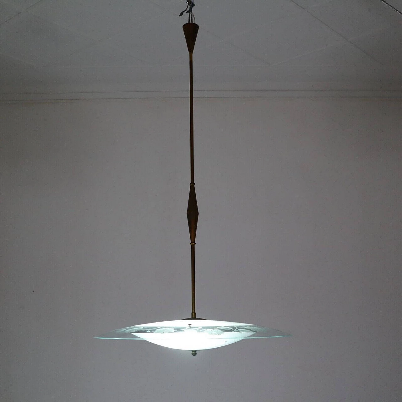 Lampadario a disco volante con doppio vetro in stile Fontana Arte di Pietro Chiesa, anni '50 7