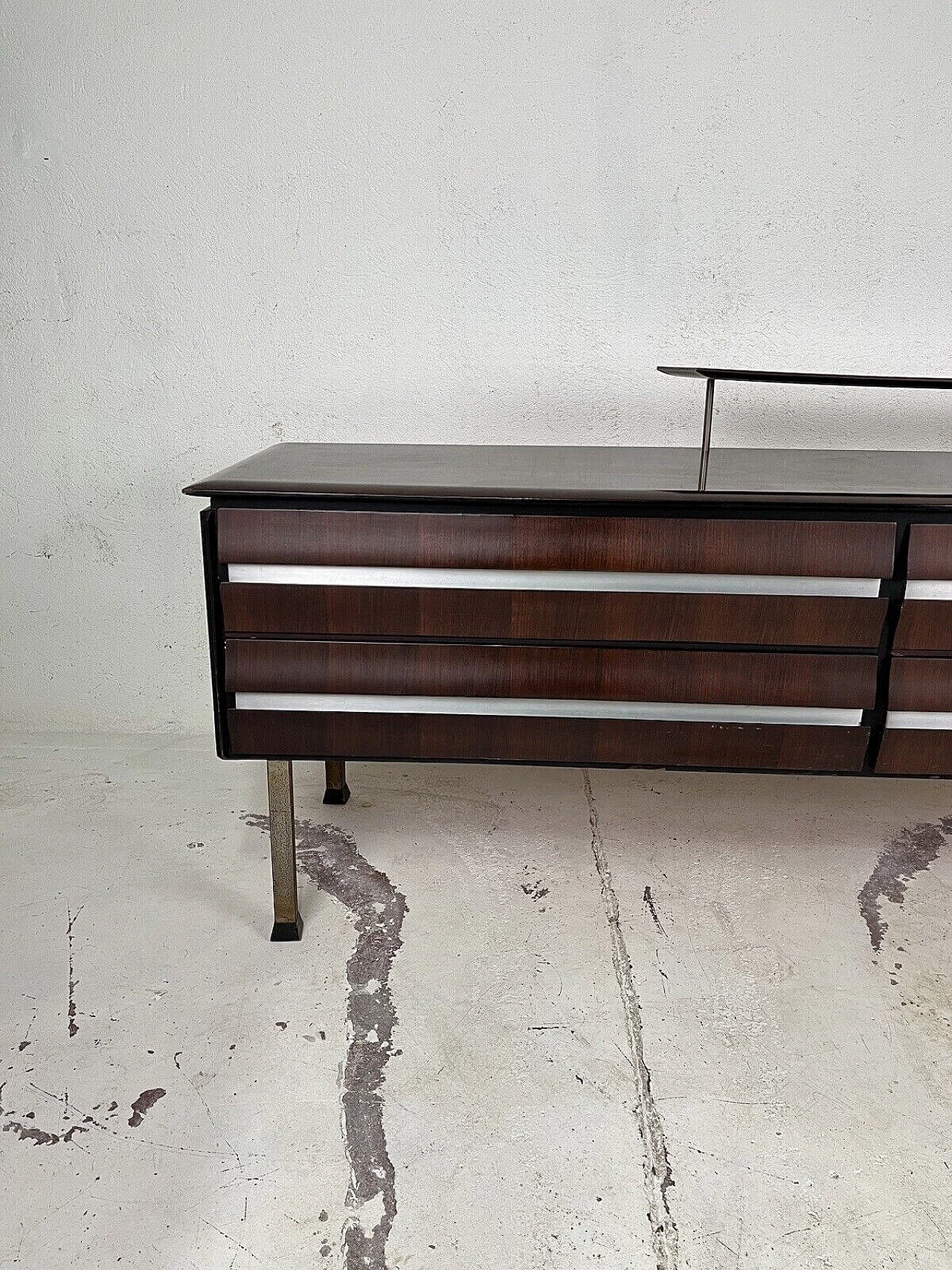 Dark stained wood chest of drawers with aluminum details, 1960s 1