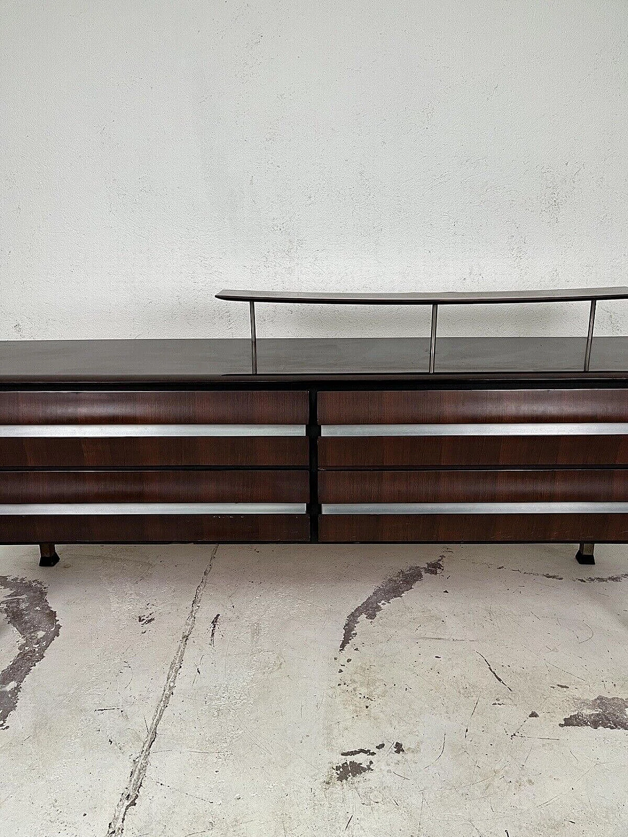 Dark stained wood chest of drawers with aluminum details, 1960s 2