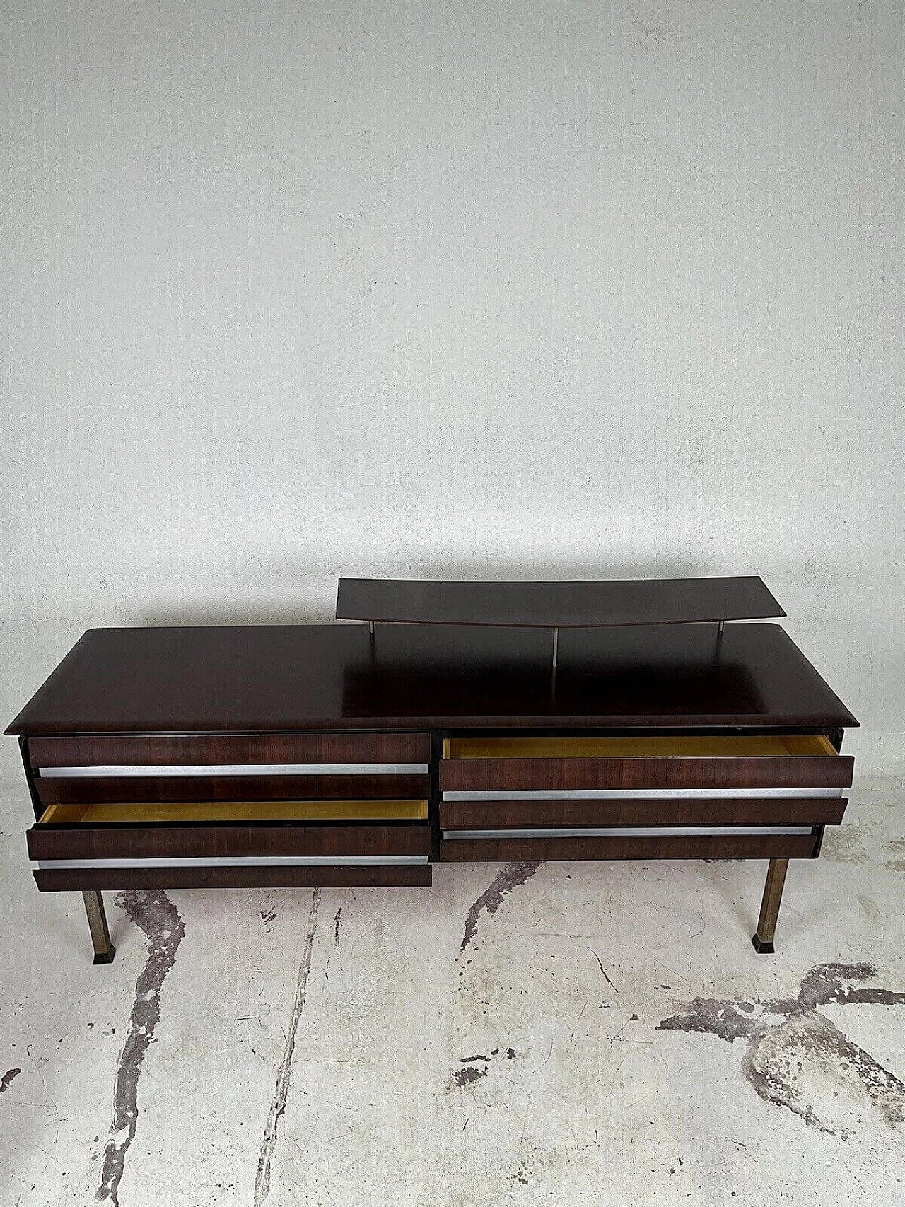 Dark stained wood chest of drawers with aluminum details, 1960s 6