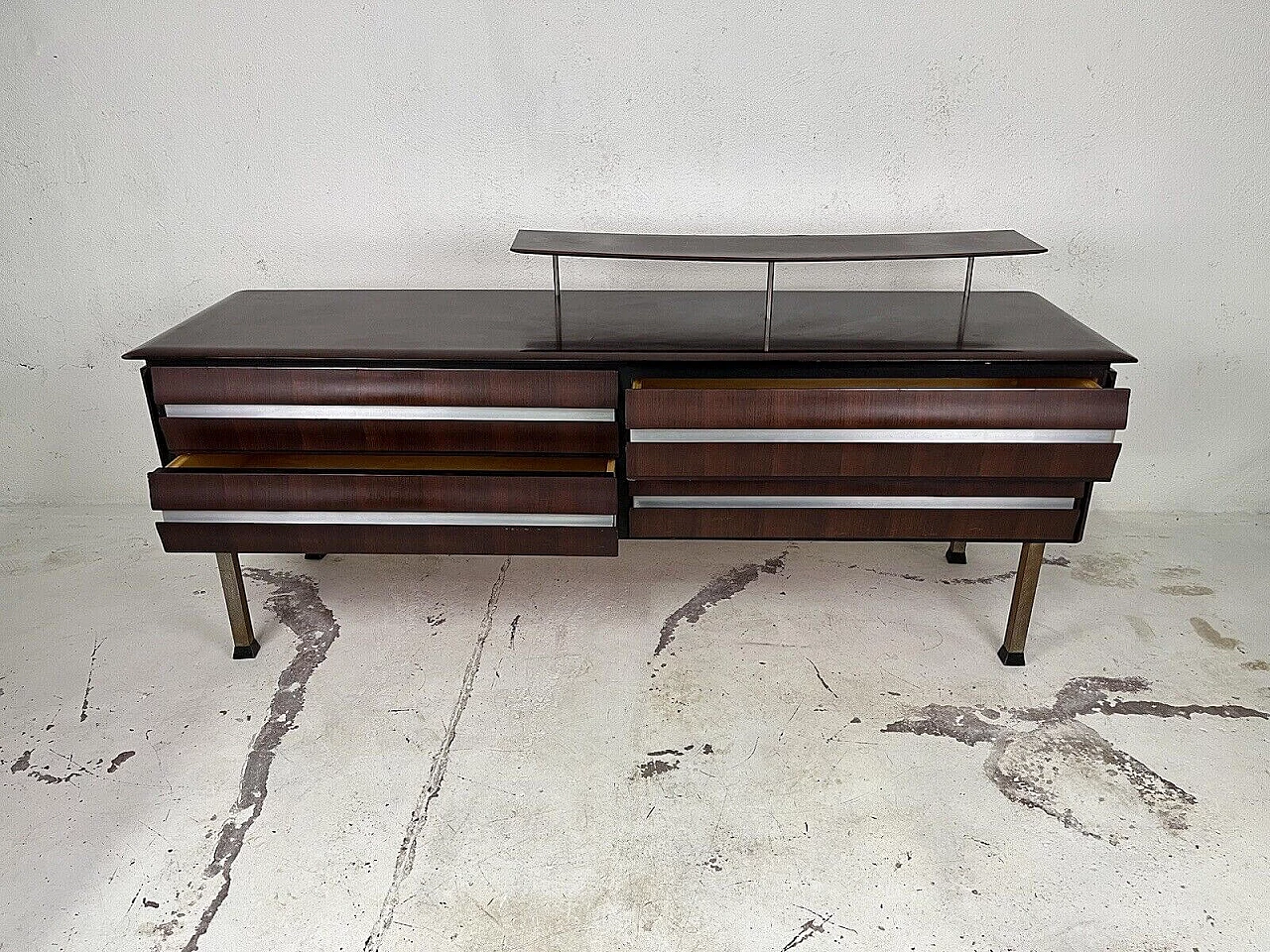 Dark stained wood chest of drawers with aluminum details, 1960s 7