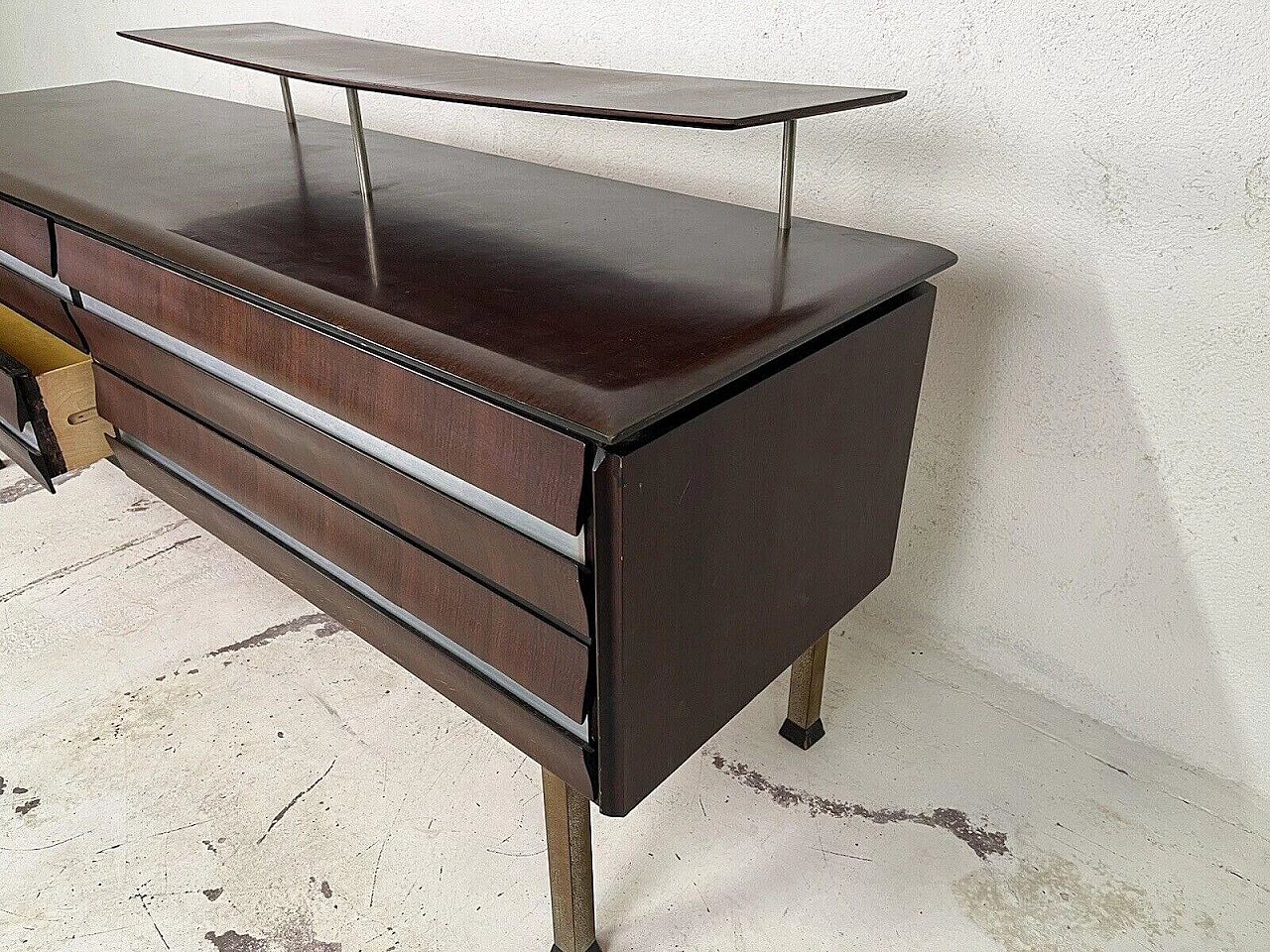 Dark stained wood chest of drawers with aluminum details, 1960s 8