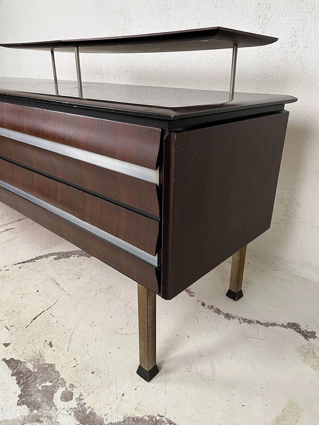 Dark stained wood chest of drawers with aluminum details, 1960s 9