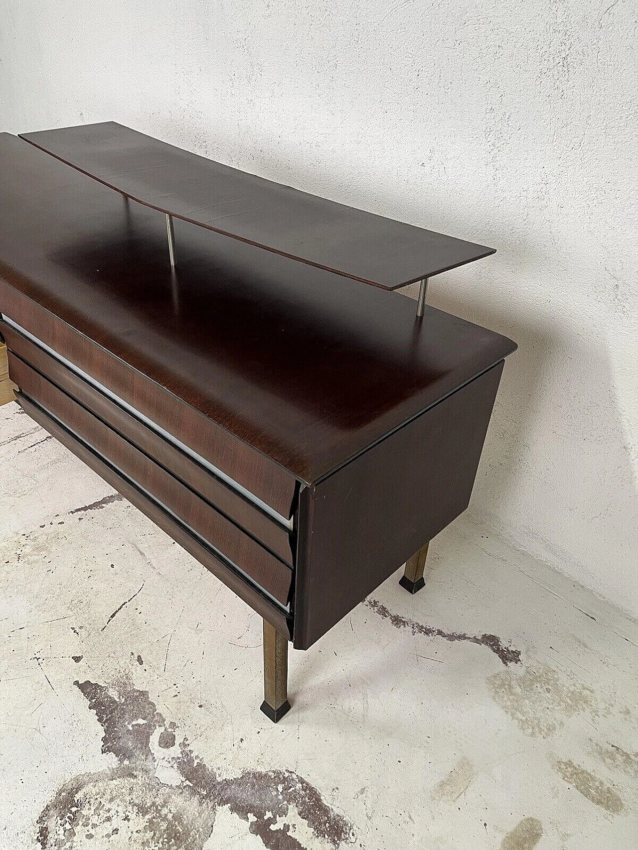 Dark stained wood chest of drawers with aluminum details, 1960s 10