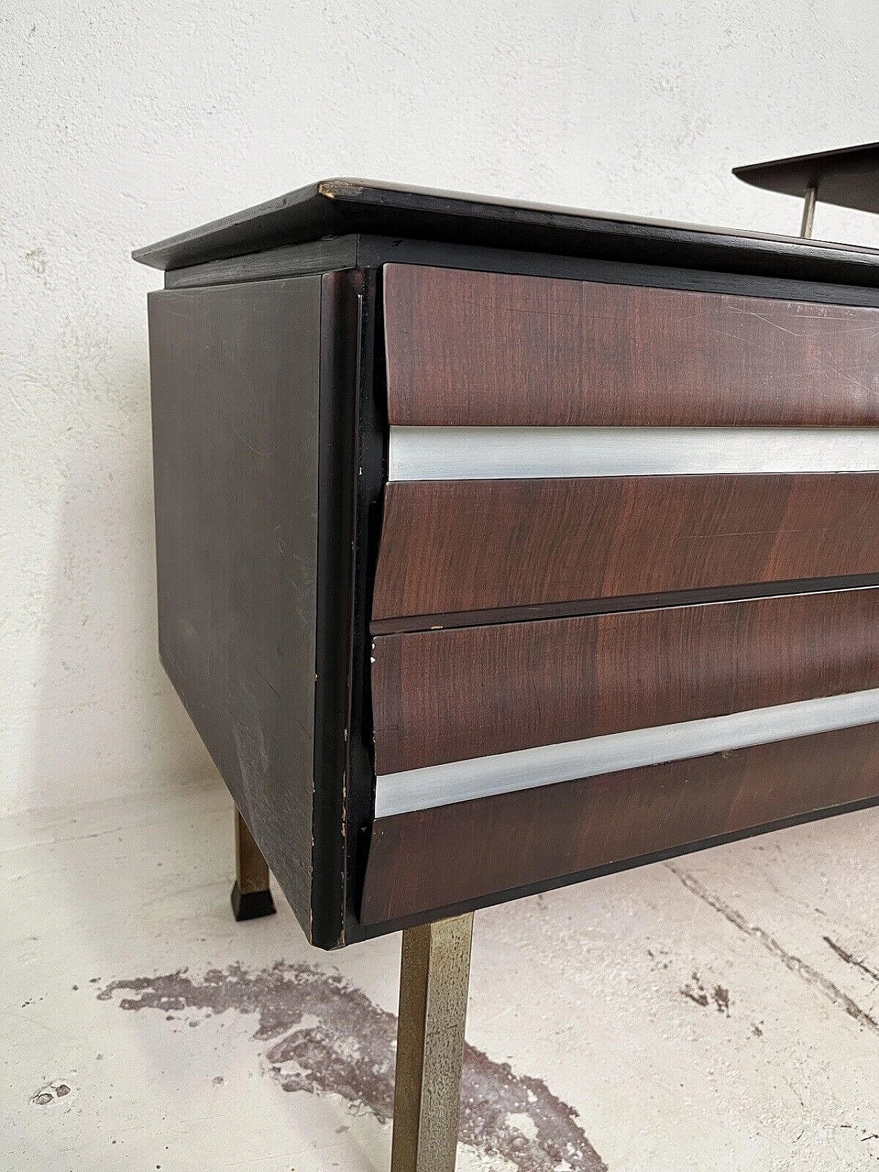 Dark stained wood chest of drawers with aluminum details, 1960s 12