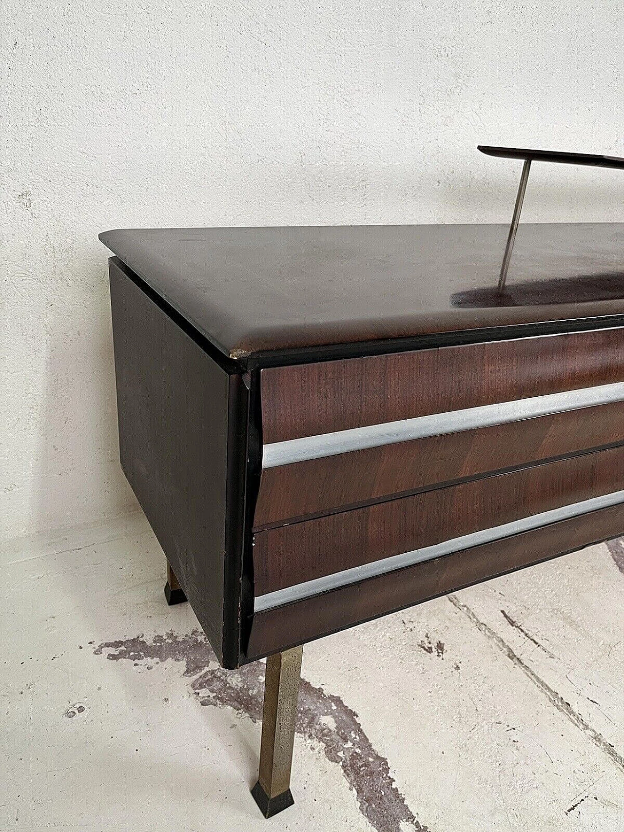 Dark stained wood chest of drawers with aluminum details, 1960s 13