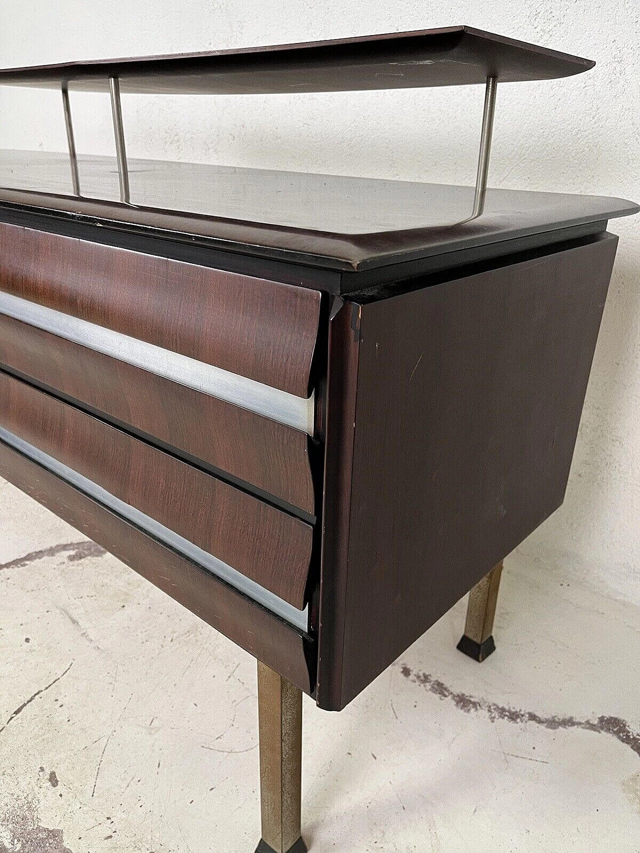 Dark stained wood chest of drawers with aluminum details, 1960s 14