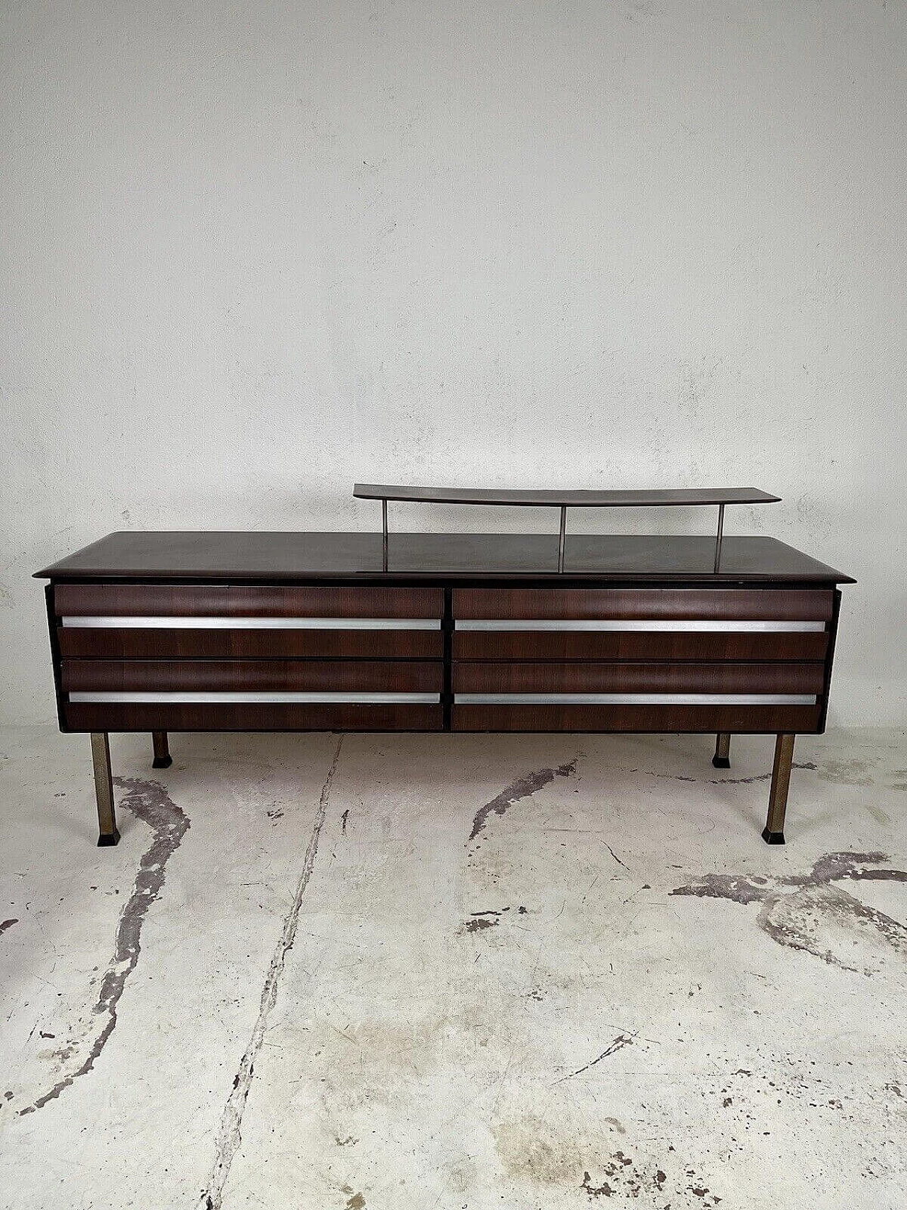 Dark stained wood chest of drawers with aluminum details, 1960s 17