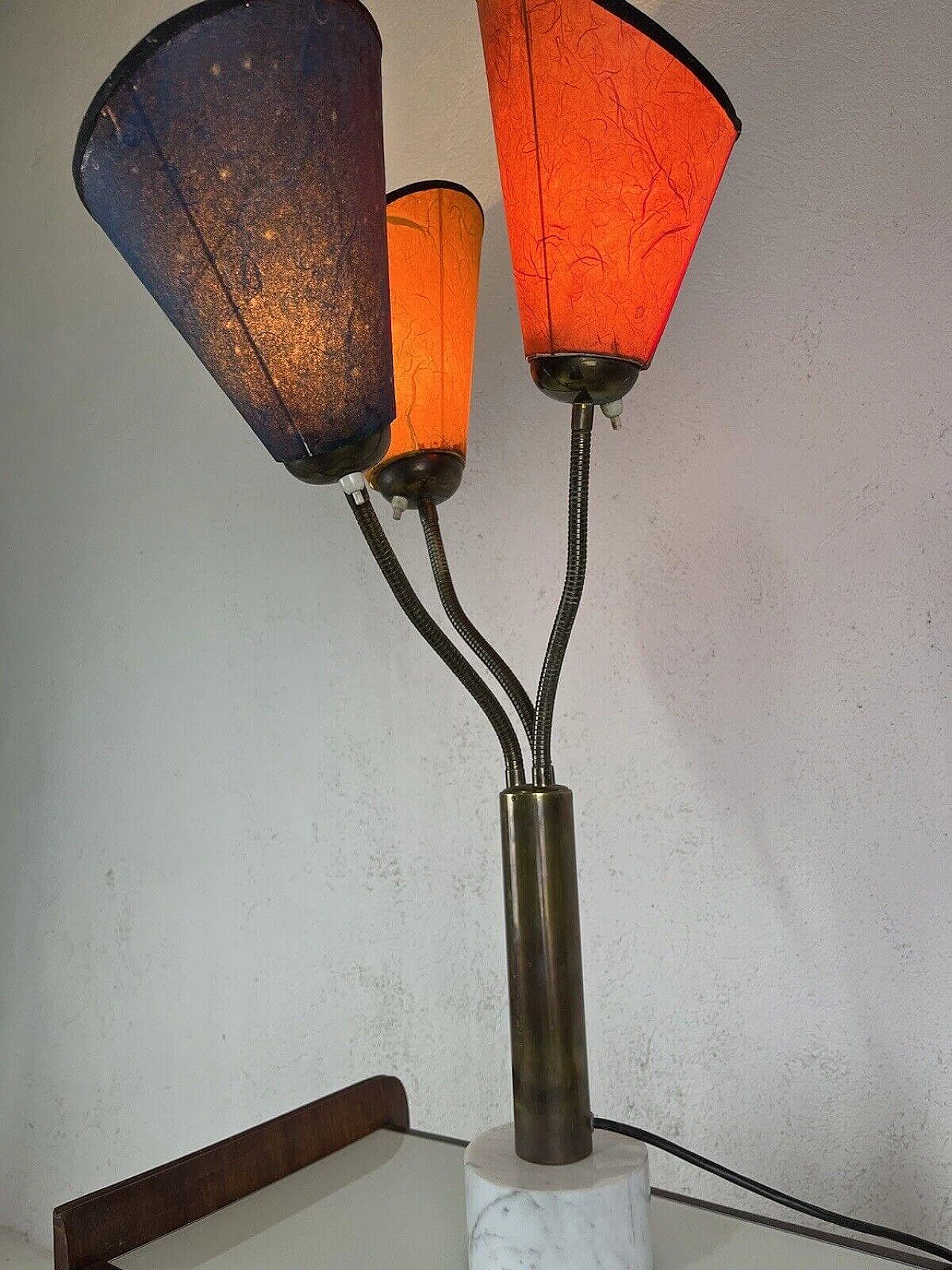 Three-light marble, brass and parchment table lamp, 1950s 7