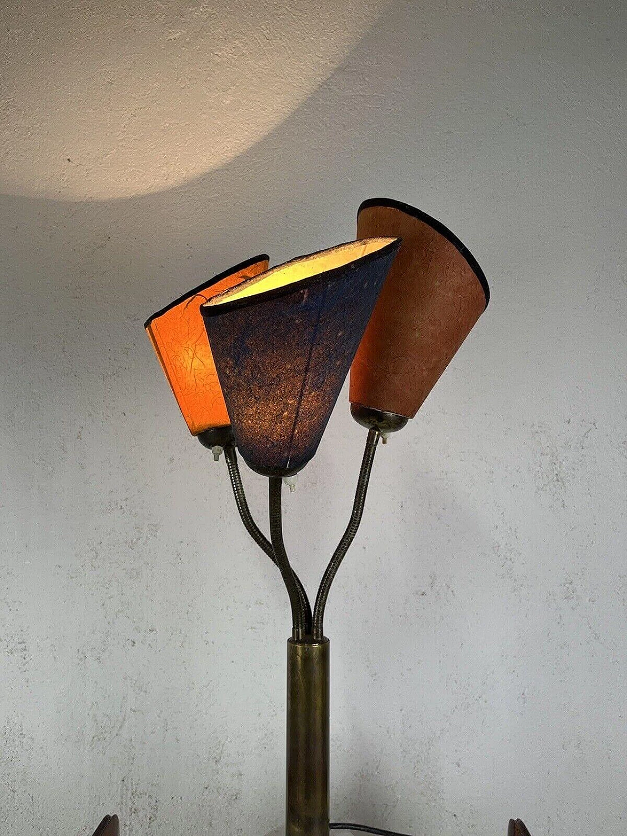 Three-light marble, brass and parchment table lamp, 1950s 14