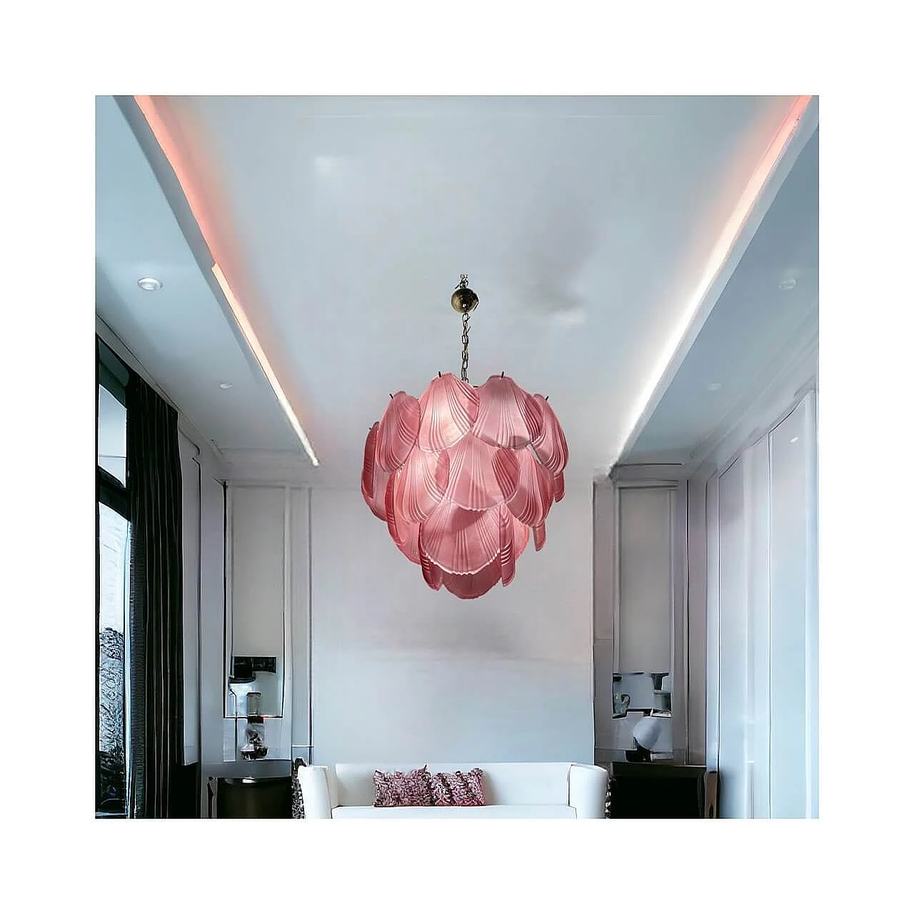 Lampadario con diffusori a forma di conchiglia in vetro rosa, anni '80 4