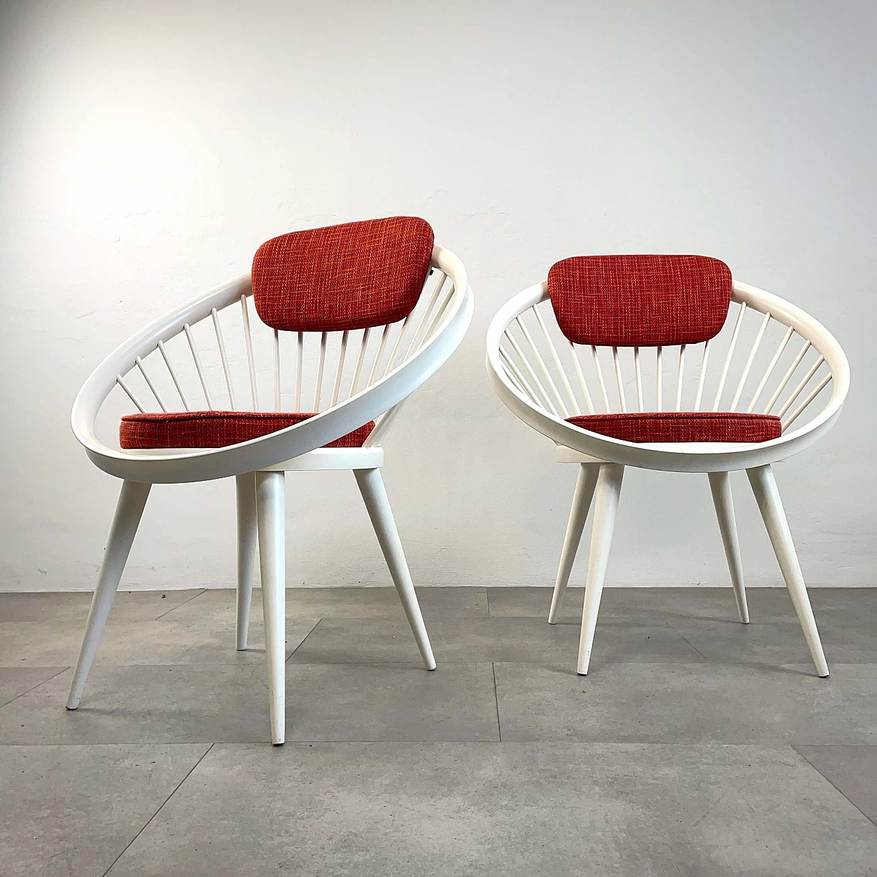 Pair of Circle armchairs in white lacquered wood by Yngve Ekstrom, 1960s 1