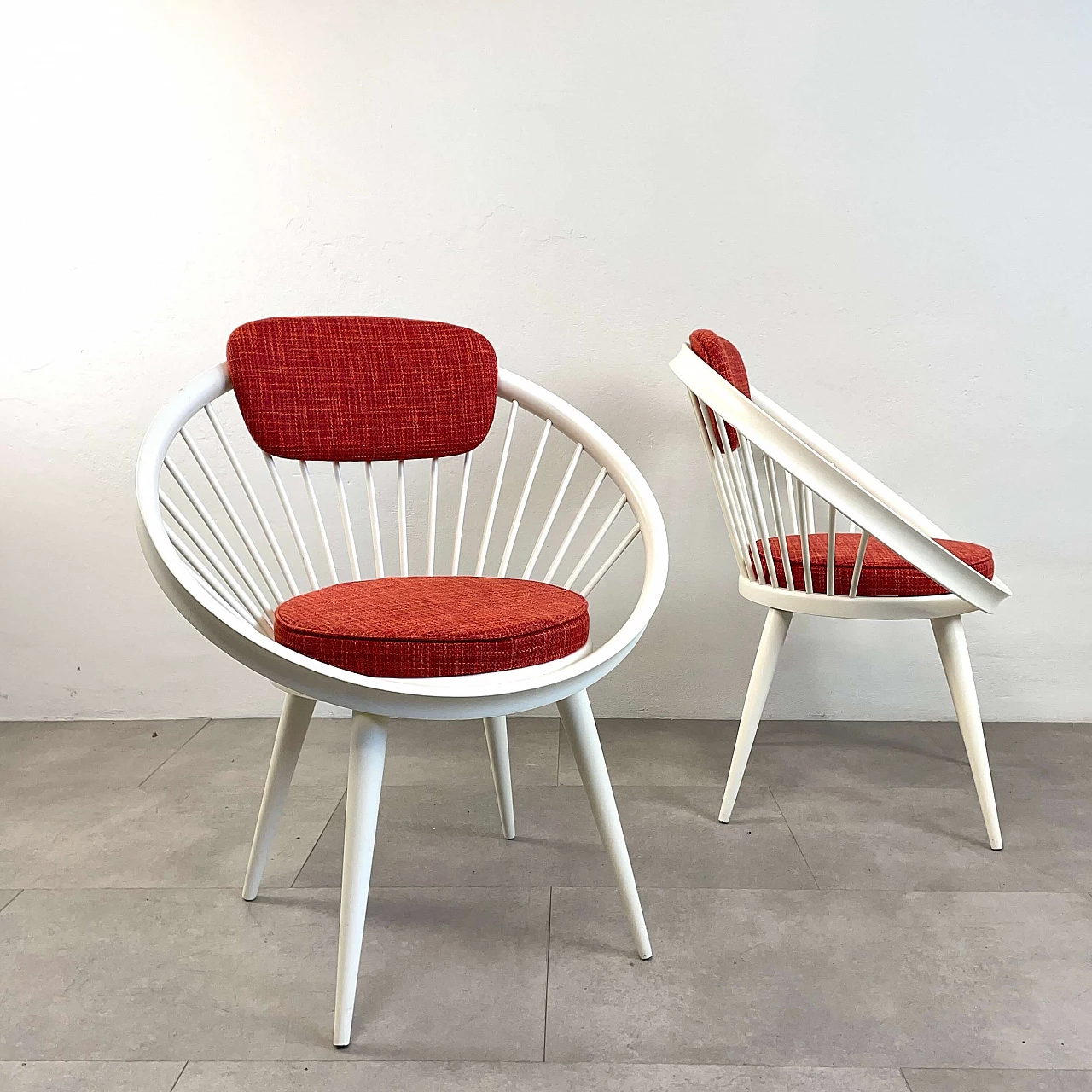 Pair of Circle armchairs in white lacquered wood by Yngve Ekstrom, 1960s 2