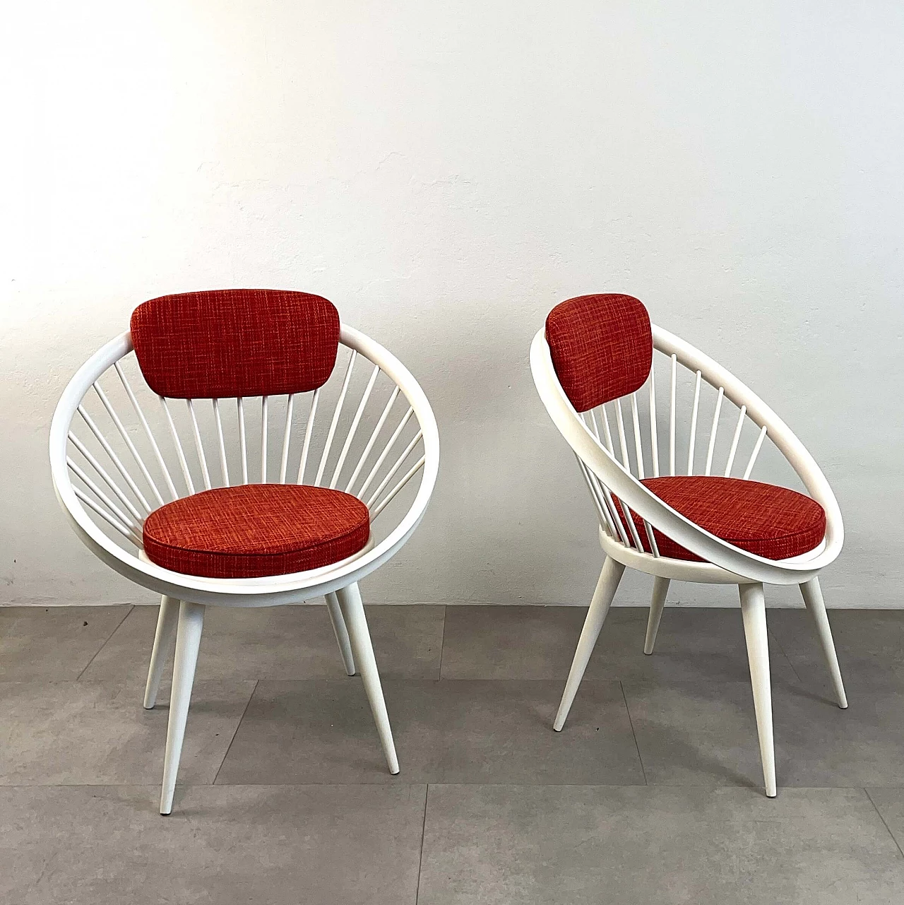 Pair of Circle armchairs in white lacquered wood by Yngve Ekstrom, 1960s 3