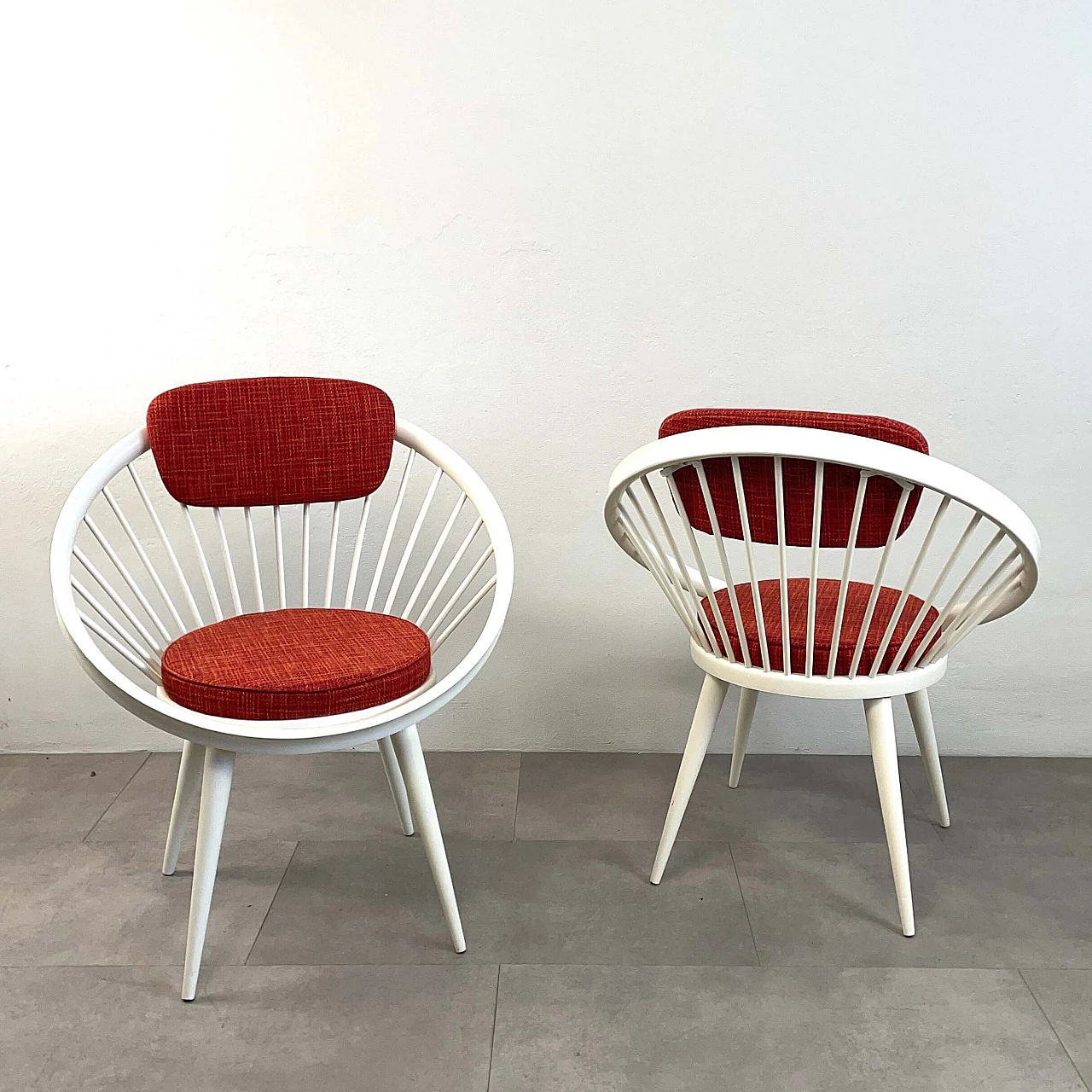 Pair of Circle armchairs in white lacquered wood by Yngve Ekstrom, 1960s 5