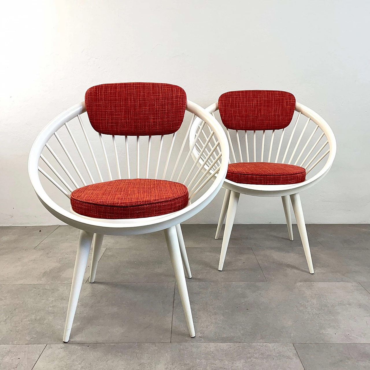 Pair of Circle armchairs in white lacquered wood by Yngve Ekstrom, 1960s 6