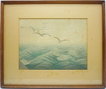 Oriental woodcut depicting seagulls in flight, mid-20th century