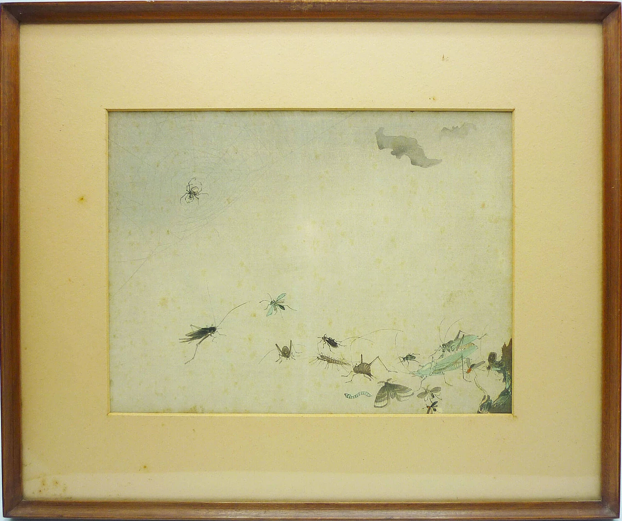 Oriental woodcut depicting scene with spiders and insects, mid-20th century 1