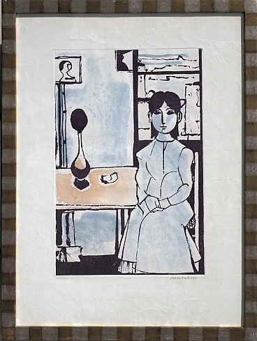 Portrait of Sitting Woman, lithograph by Domenico Cantatore, late 20th century