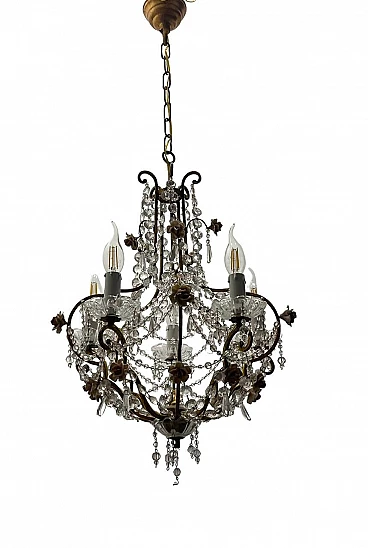 Gilded metal and crystal chandelier with porcelain flowers, 1950s