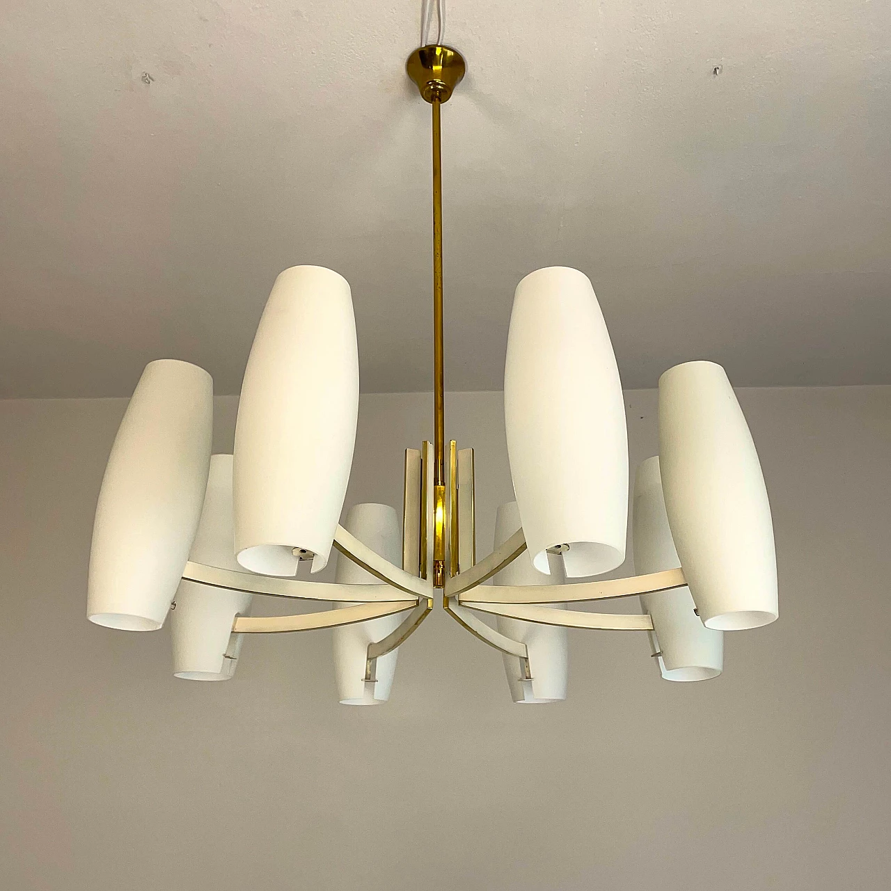 Eight-light brass and opaque opaline glass chandelier, 1950s 1