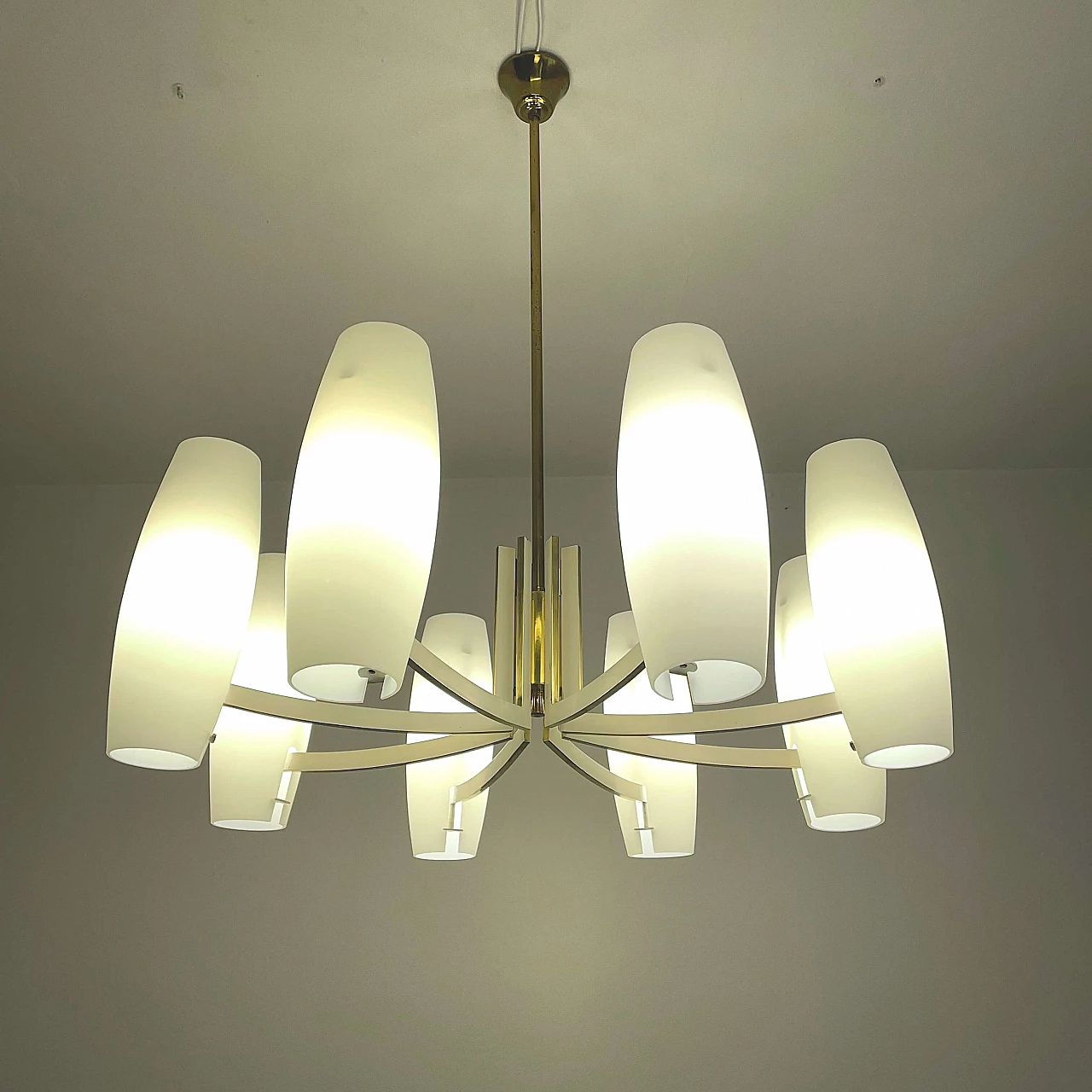 Eight-light brass and opaque opaline glass chandelier, 1950s 2