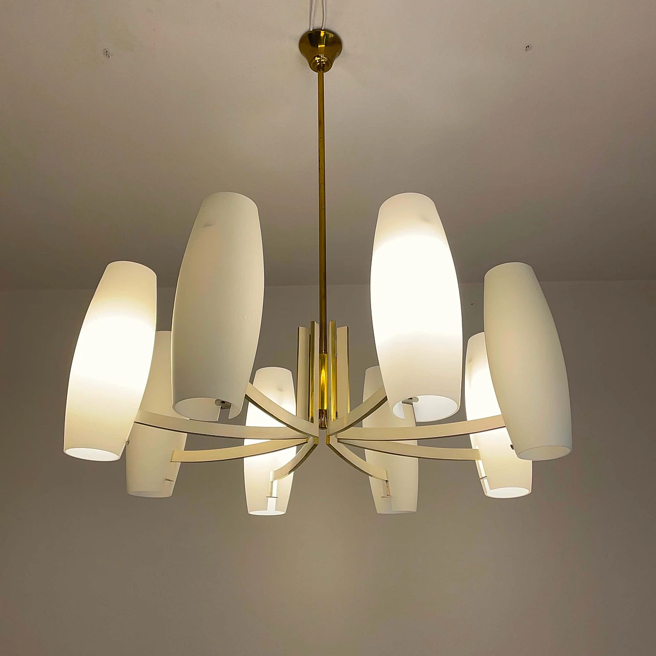 Eight-light brass and opaque opaline glass chandelier, 1950s 3