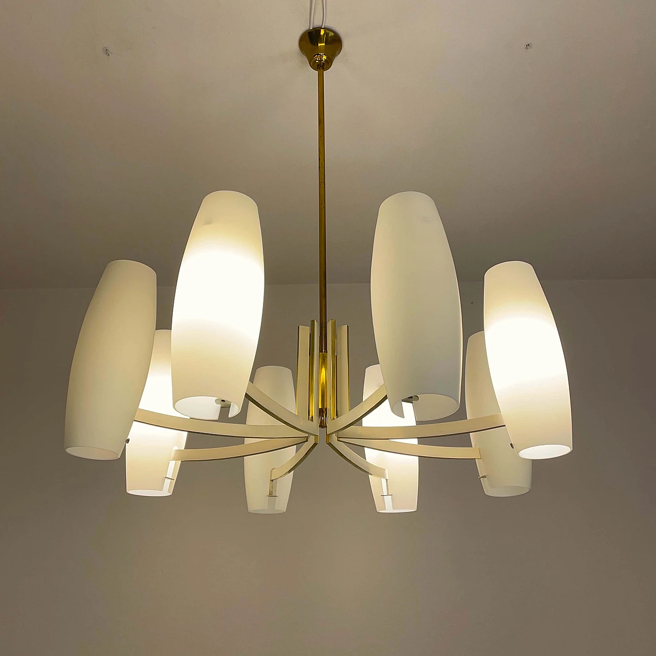 Eight-light brass and opaque opaline glass chandelier, 1950s 4