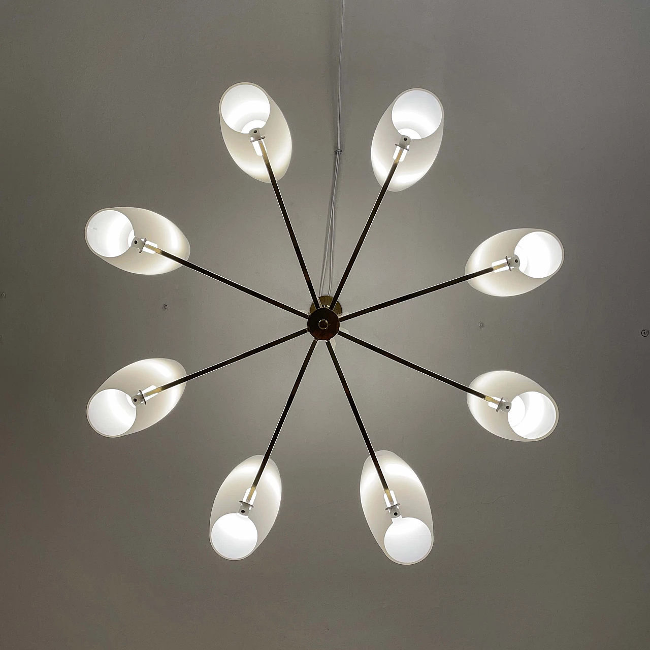 Eight-light brass and opaque opaline glass chandelier, 1950s 6