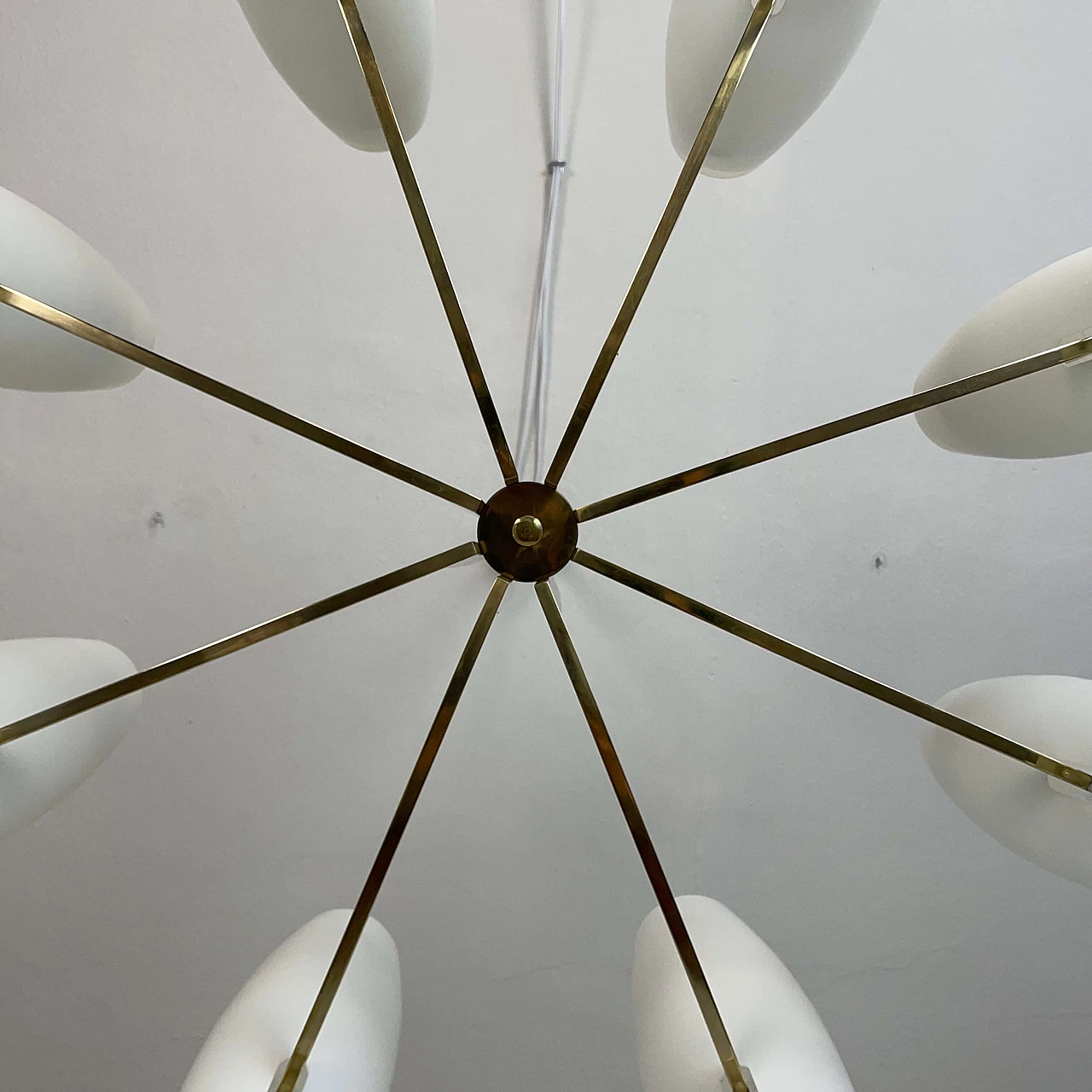 Eight-light brass and opaque opaline glass chandelier, 1950s 10