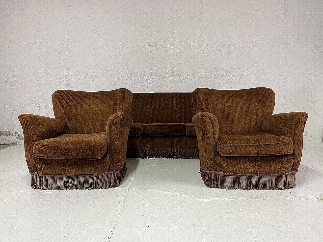 Velvet sofa with 2 armchairs by Isa, 1950s 3