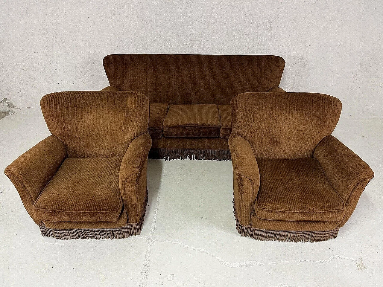 Velvet sofa with 2 armchairs by Isa, 1950s 4