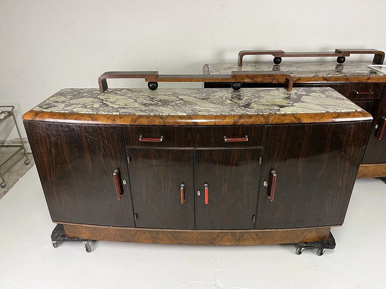 Pair of sideboards in briarwood, marble and bakelite by Gaetano Borsani for Atelier di Varedo, 1960s 1