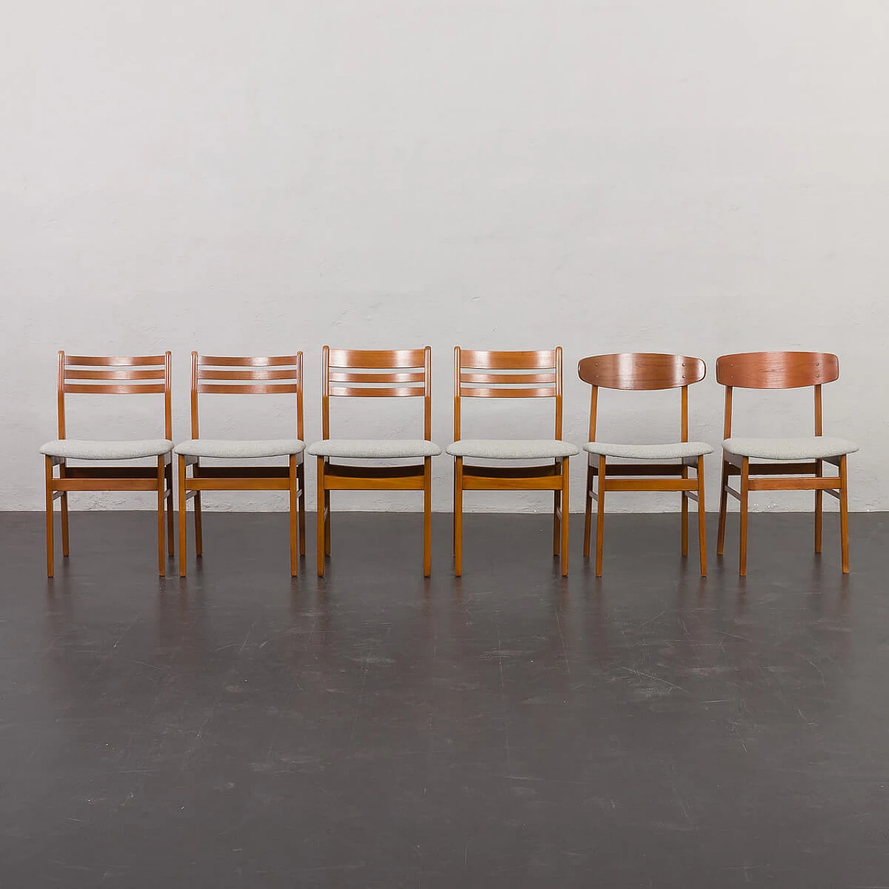 6 Danish teak and gray wool chairs, 1960s 1