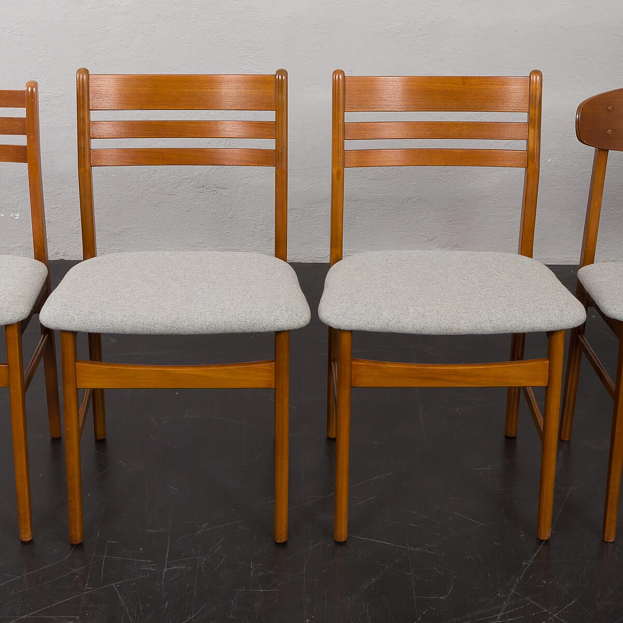 6 Danish teak and gray wool chairs, 1960s 4